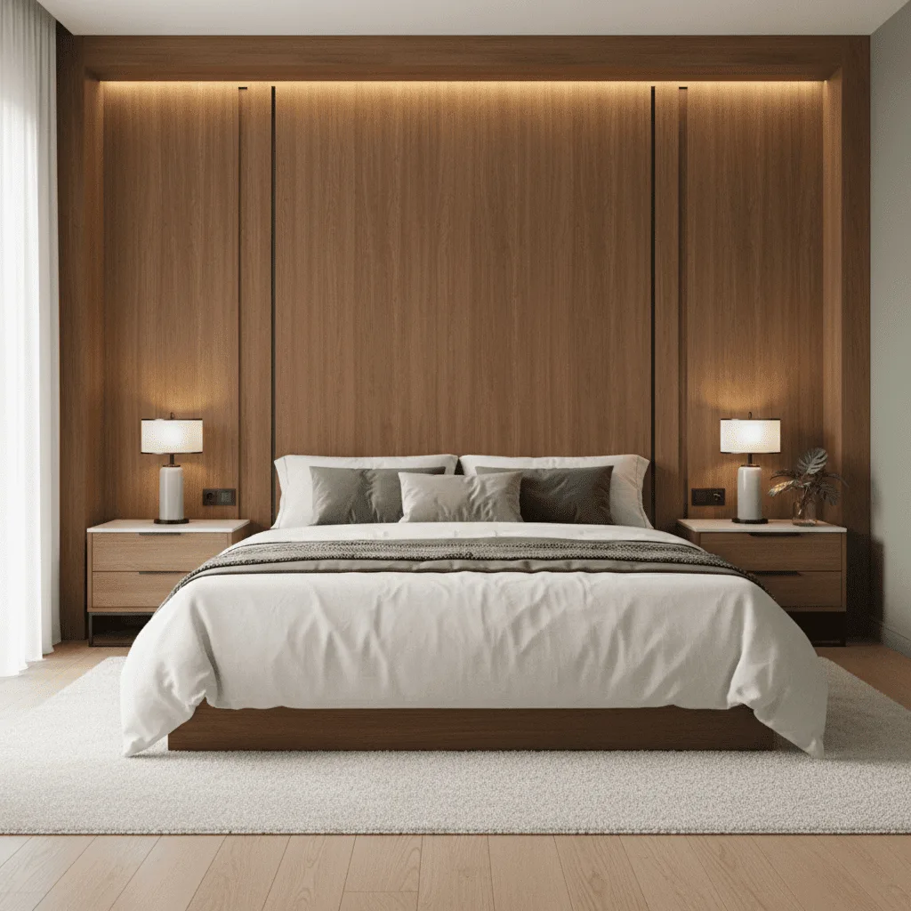 Modern bedroom with a white bed, wooden paneled wall, and matching bedside tables with lamps.