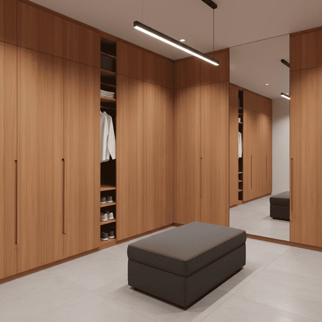 Modern walk-in closet with wood grain cabinets, a gray ottoman, and a long linear light fixture.
