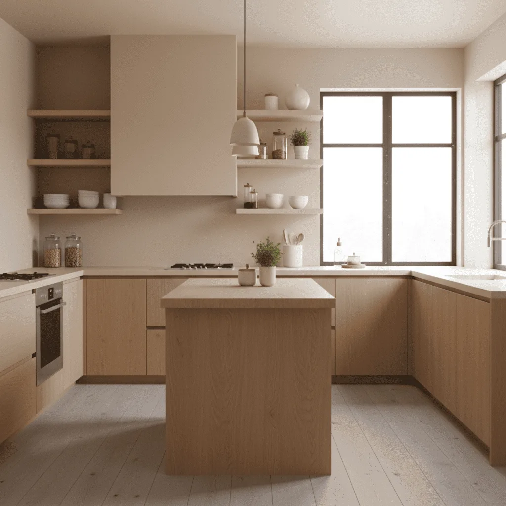 Modern minimalist kitchen with light wood cabinetry, a center island, and neutral beige walls.