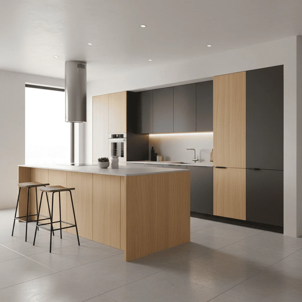 Modern kitchen with light wood cabinets, dark grey accents, a large island with two bar stools, and a stainless steel range hood.