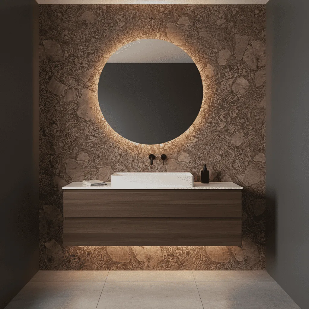 Modern bathroom vanity with a round backlit mirror and marble textured wall.