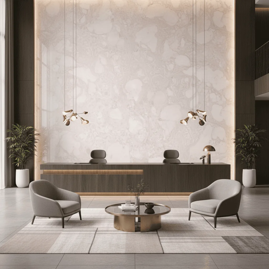 Modern hotel lobby with a marble wall, a dark wood reception desk, and two gray armchairs flanking a round coffee table.