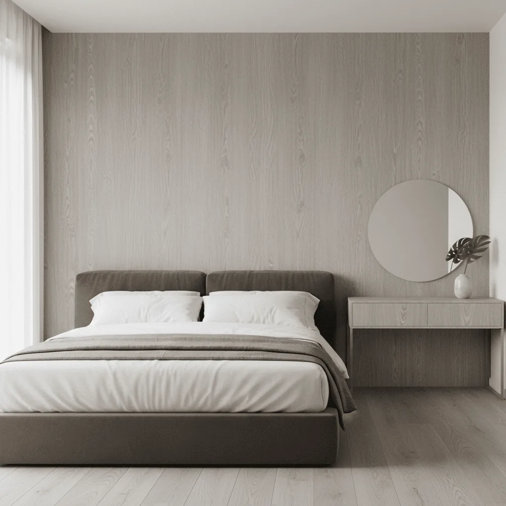 Modern bedroom with a gray fabric bed, light wood paneled wall, and a round mirror over a console table.