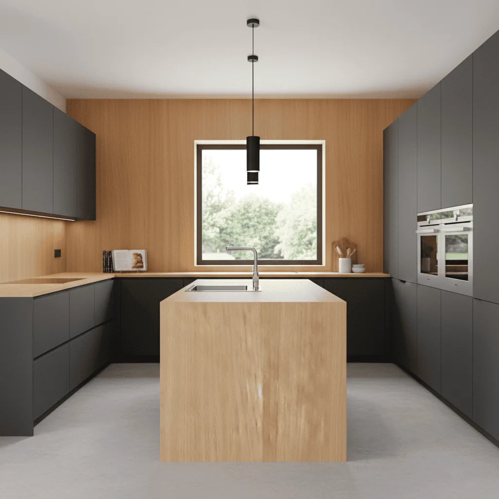 Modern kitchen with gray cabinetry, light wood accents, and a central wooden island with a sink.
