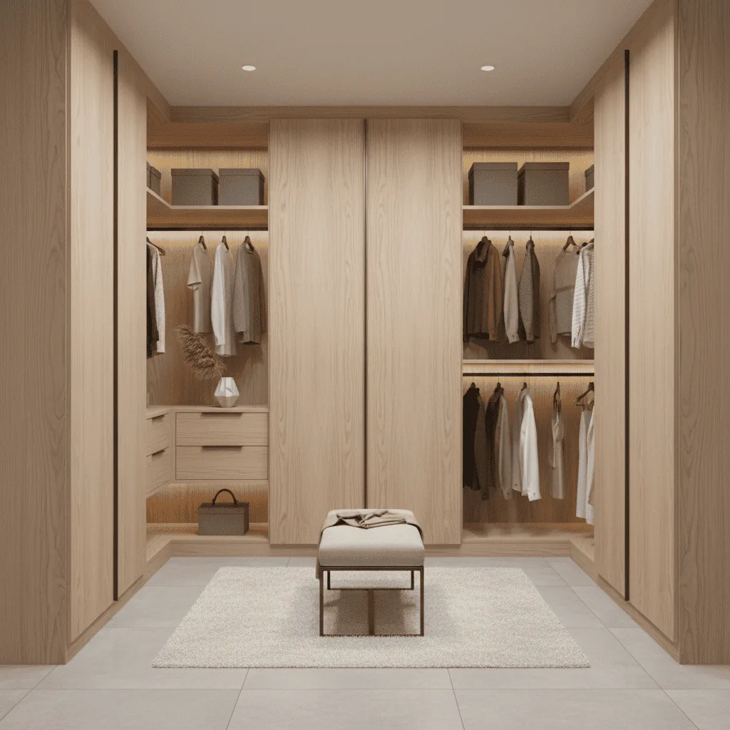 Modern walk-in closet with light wood cabinetry, neutral clothing, and a central beige ottoman on a white rug.