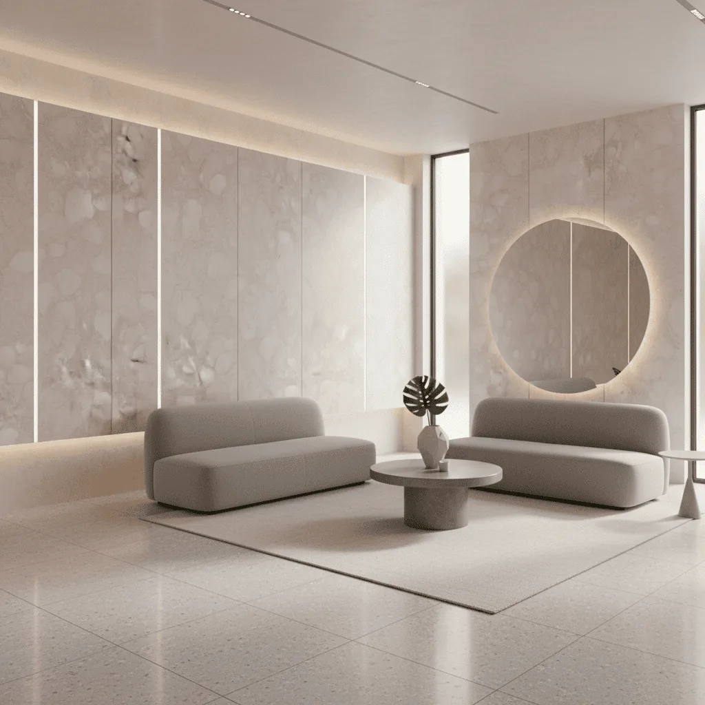 Modern minimalist living room with two beige sofas, a round coffee table, and a backlit circular mirror.