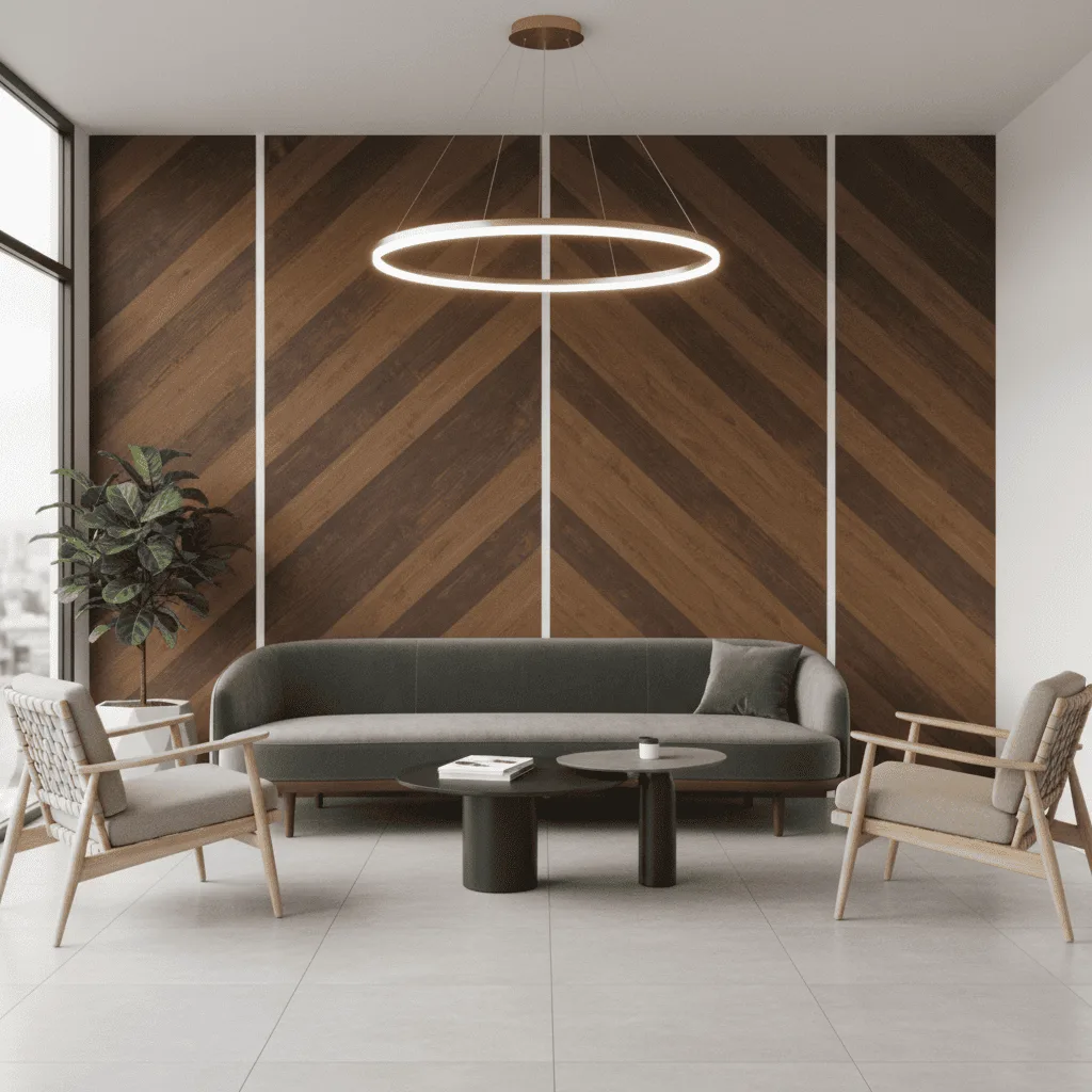 Modern living room with a grey curved sofa, two light-colored armchairs, and a wood paneled wall.