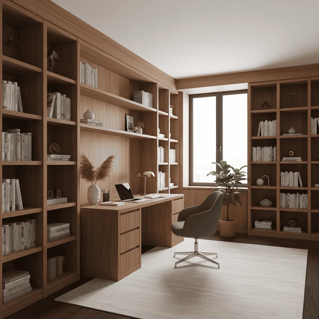 Modern wooden home office with a desk, laptop, ergonomic chair, and floor-to-ceiling bookshelves.