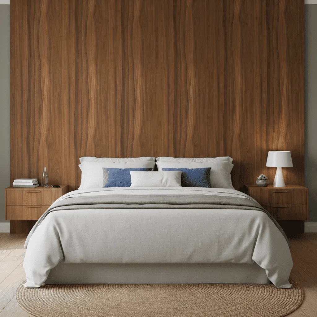 Modern bedroom with a white bed, blue accent pillows, and a large vertical wood paneled wall.