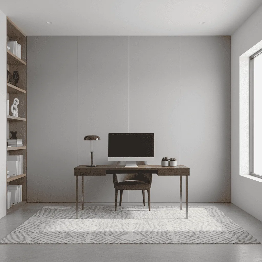 A minimalist home office featuring a dark wood desk, a computer monitor, and a modern chair on a patterned rug.