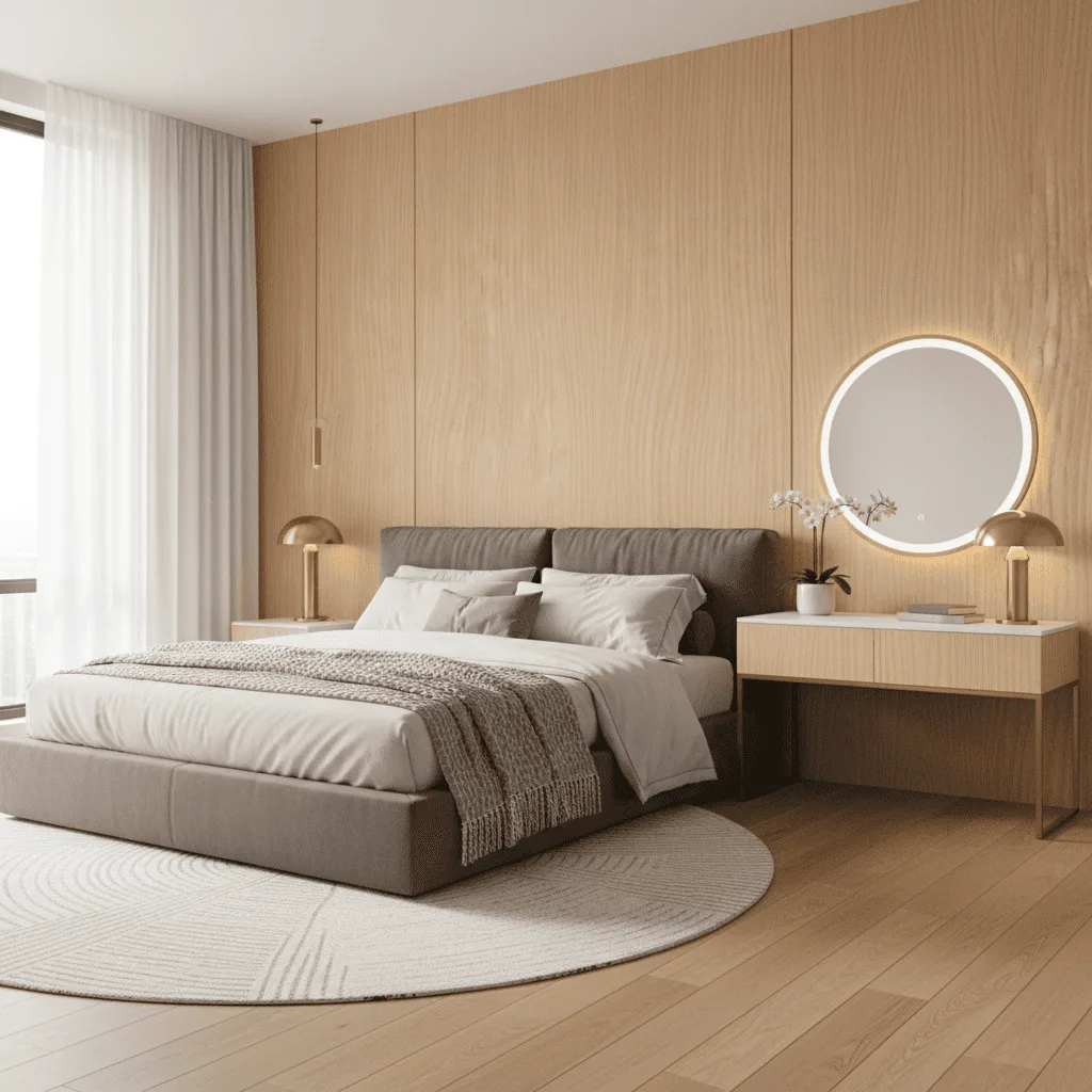 Modern bedroom with a grey bed, light wood paneled wall, and a backlit round mirror.