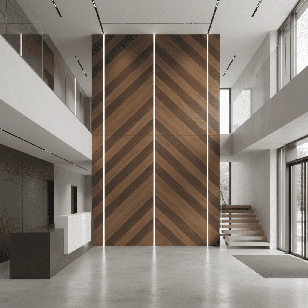 Modern lobby with a tall, diagonal wood paneled wall featuring vertical light strips and a minimalist staircase.