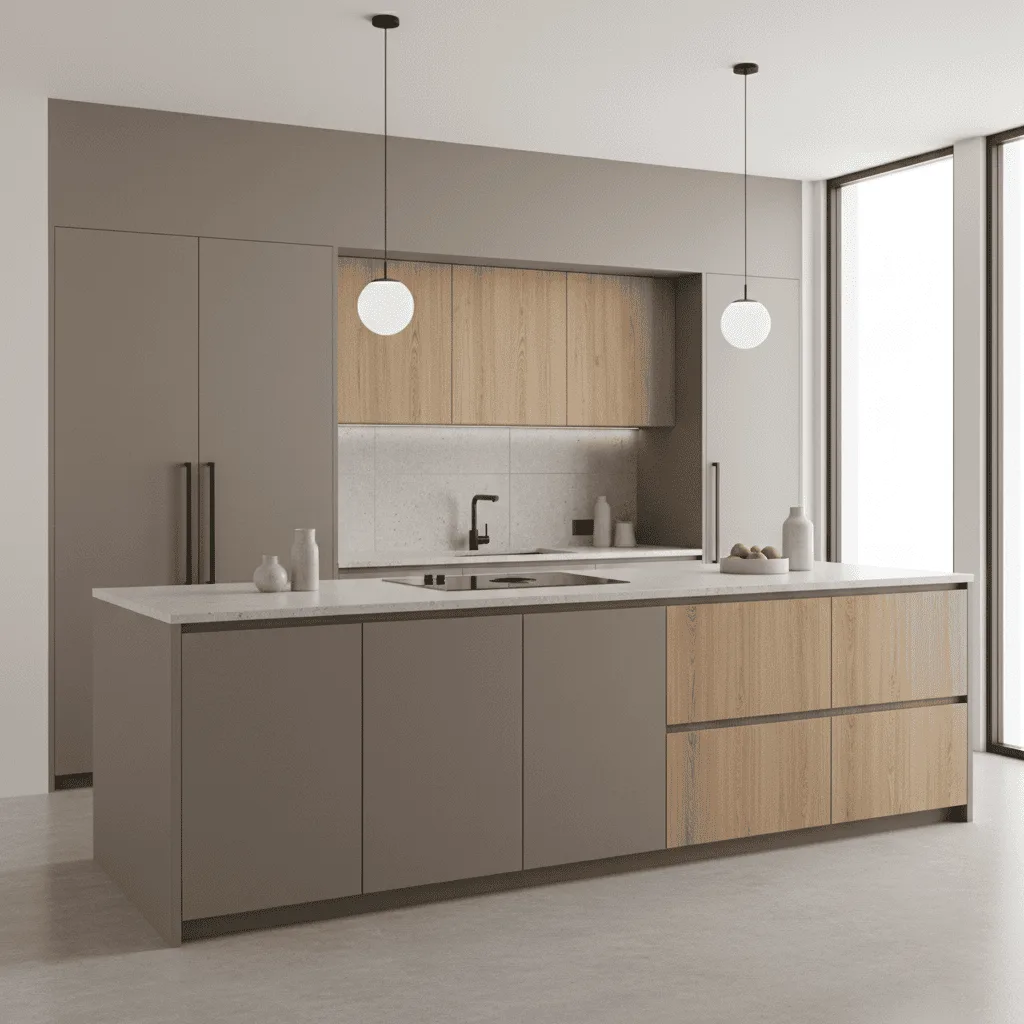Modern kitchen with taupe cabinets, wood accents, and a white island countertop.