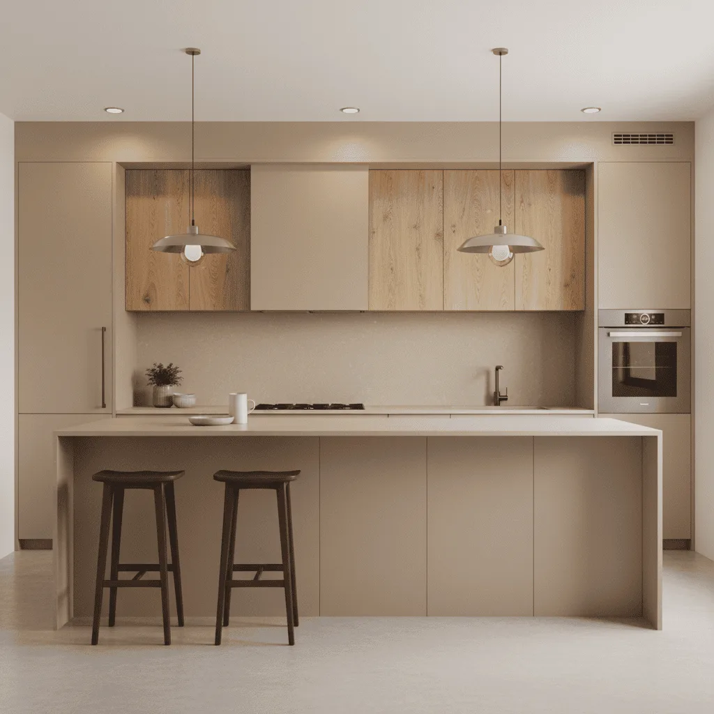 Modern minimalist kitchen with beige cabinetry, wood accents, and two dark brown bar stools.