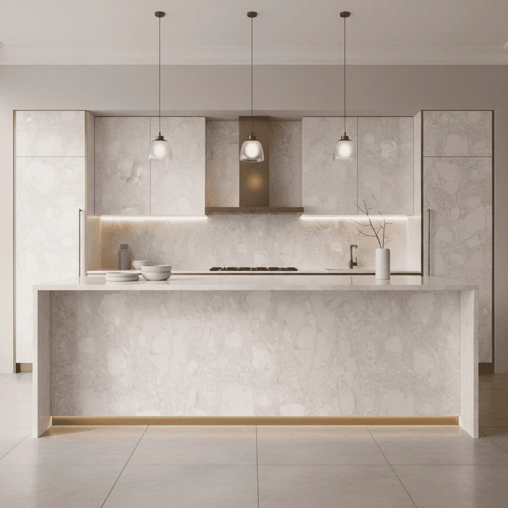 Modern minimalist kitchen with white marble countertops, cabinets, and three pendant lights.