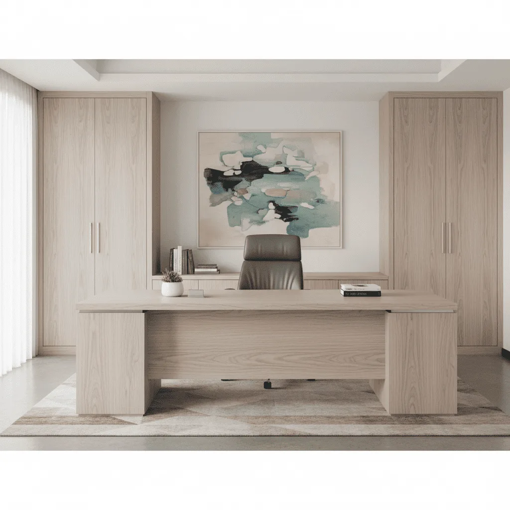 Modern light wood office desk and leather chair in a minimalist room with matching cabinets and abstract art.