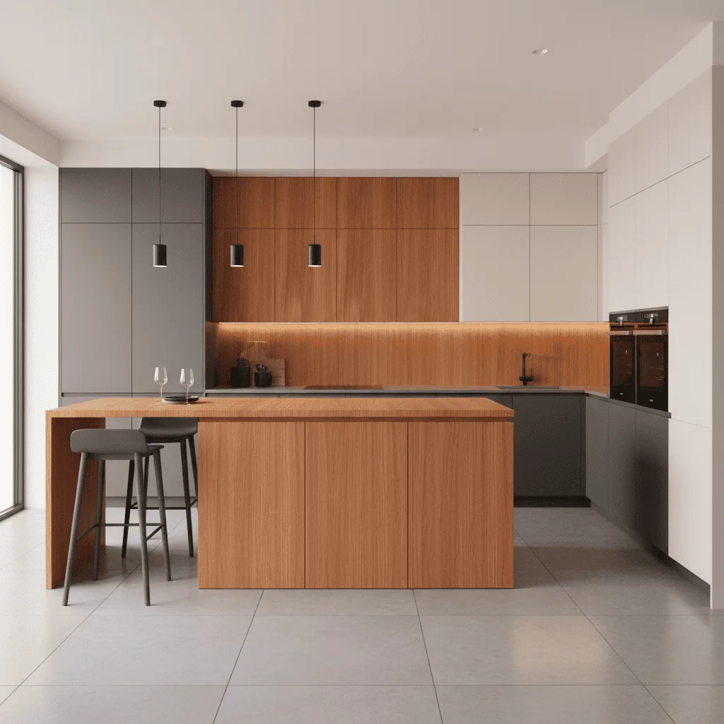 Modern kitchen with wood grain cabinetry, a large central island with bar stools, and grey accent walls.