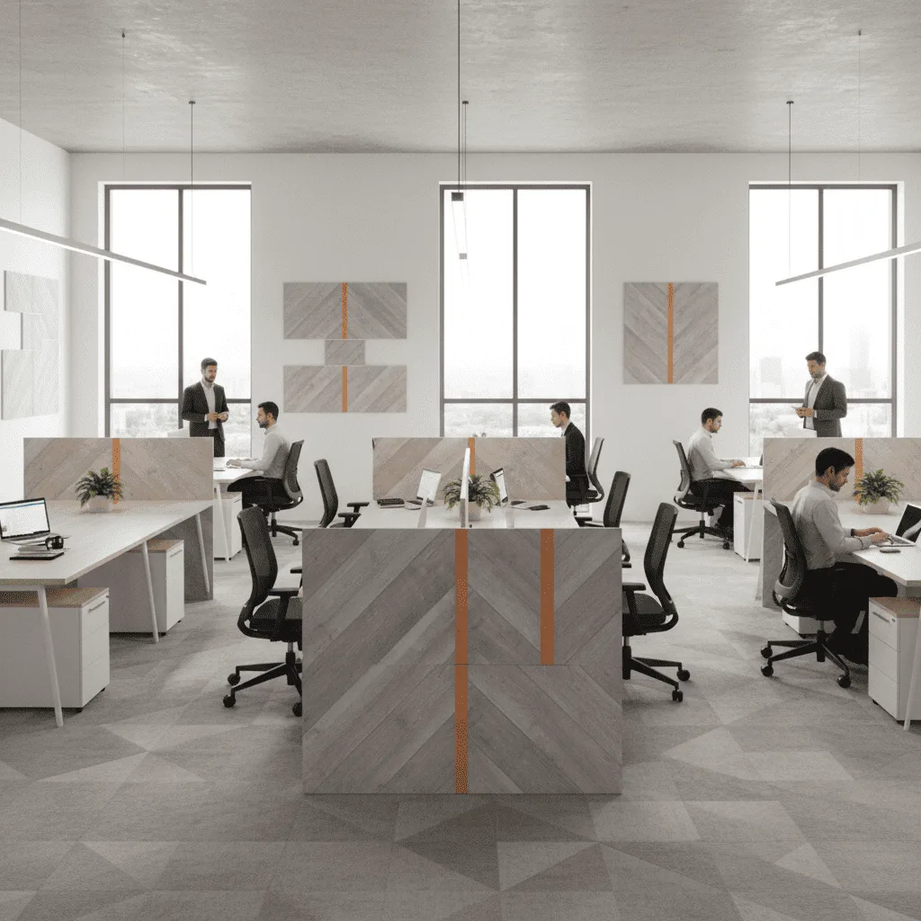 Modern open-plan office with employees working at white desks with wooden dividers.