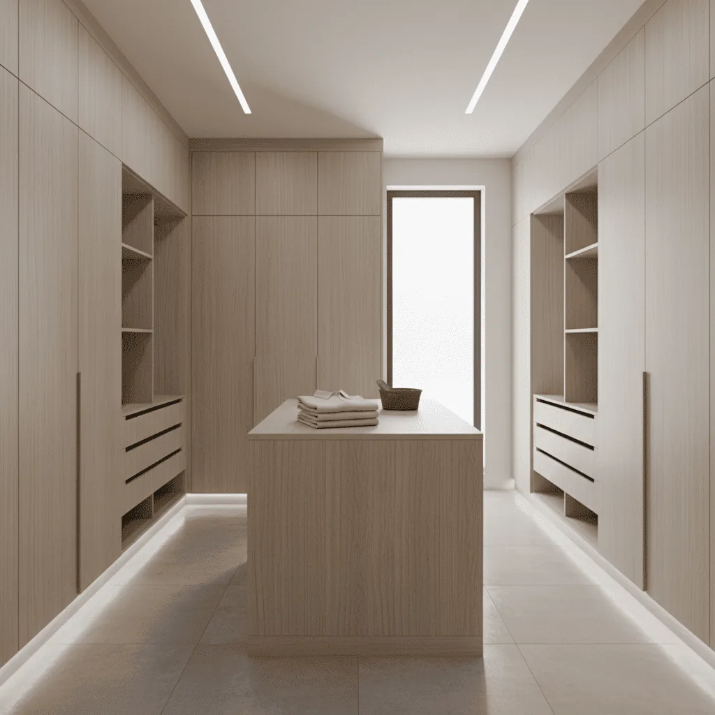 Modern walk-in closet with light wood cabinets, a central island, and recessed ceiling lighting.