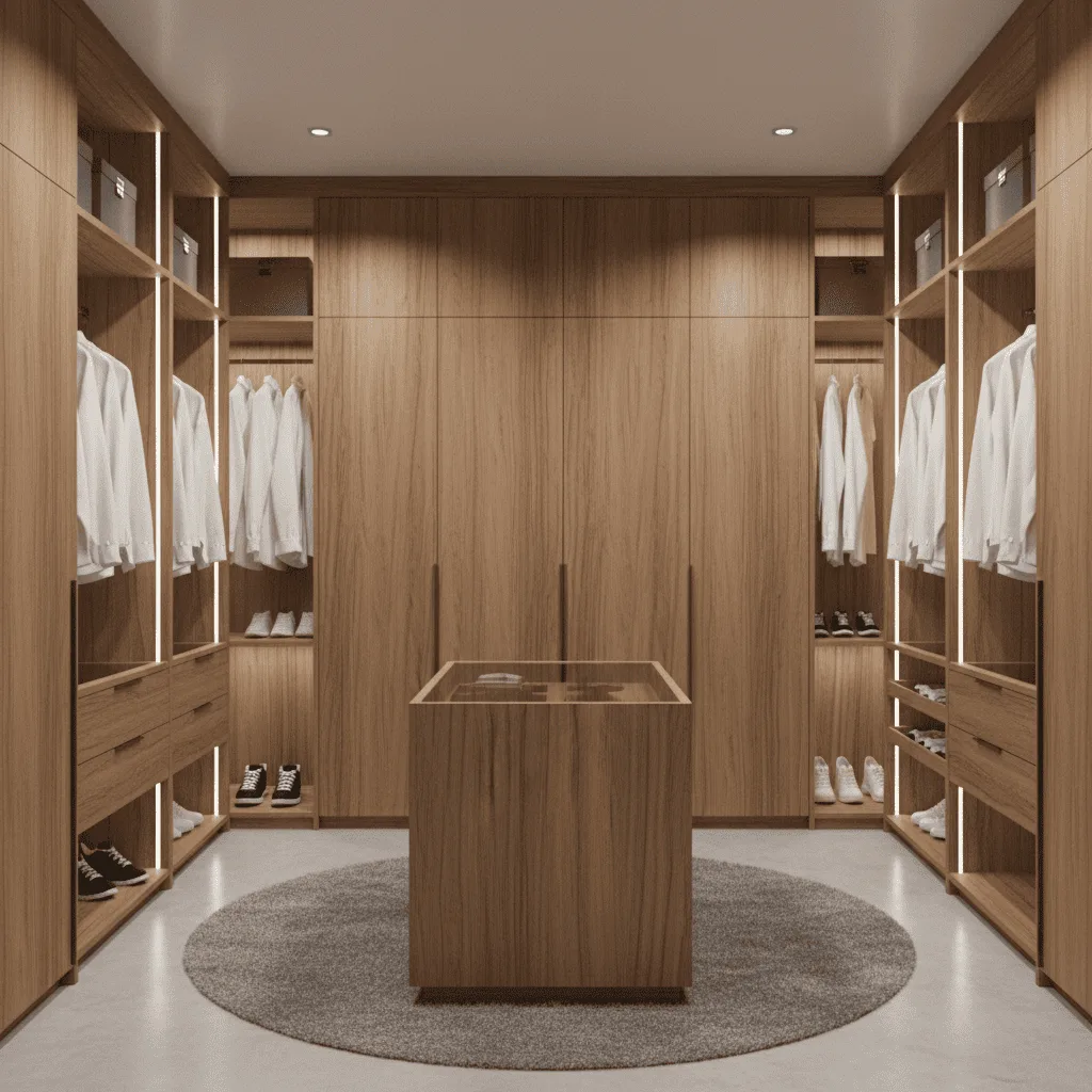 Modern wood-paneled walk-in closet with white shirts, shoes, and a central wooden island on a gray rug.