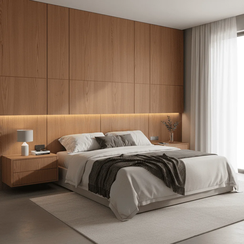 Modern bedroom with a light wood paneled wall, a bed with white linens and a grey throw, and wooden nightstands.