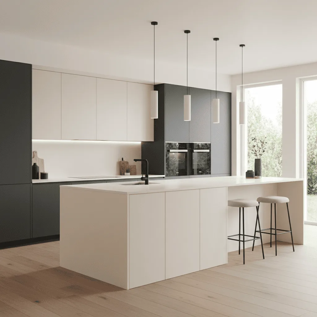 Modern minimalist kitchen with white and charcoal grey cabinets, a large white island, and four pendant lights.