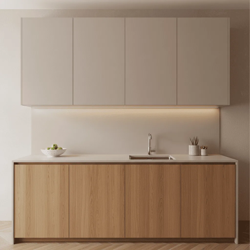 Modern kitchen with beige upper cabinets, wood-grain lower cabinets, and a white countertop with a sink.