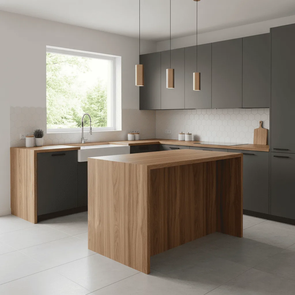 Modern kitchen with charcoal grey cabinets, wood countertops, and a large wooden island.