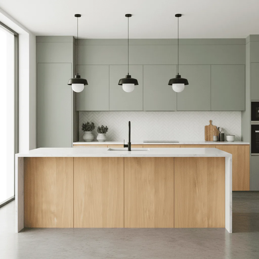 Modern kitchen with light wood island, grey cabinets, and three black pendant lights.