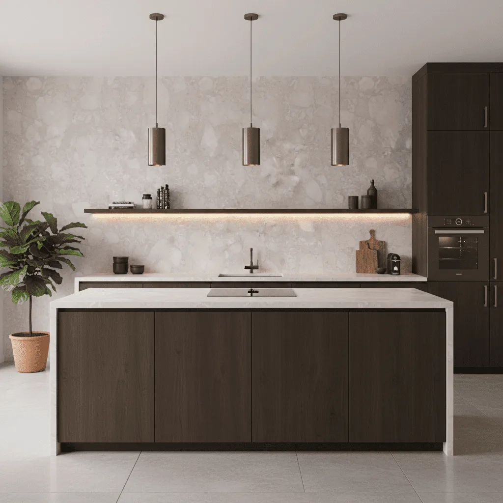 Modern kitchen with dark wood cabinetry, white countertops, and three cylindrical pendant lights.