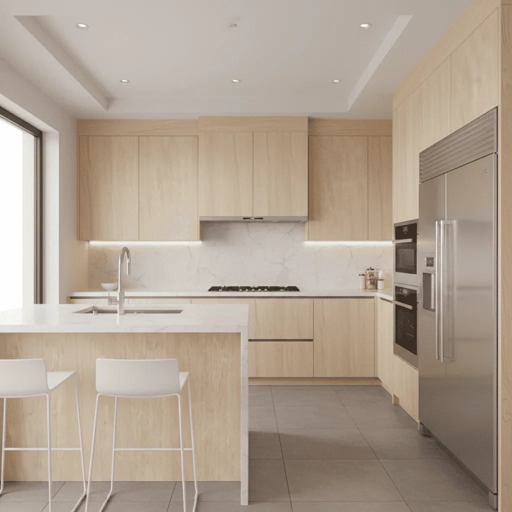 Modern kitchen with light wood cabinets, white countertops, and stainless steel appliances.