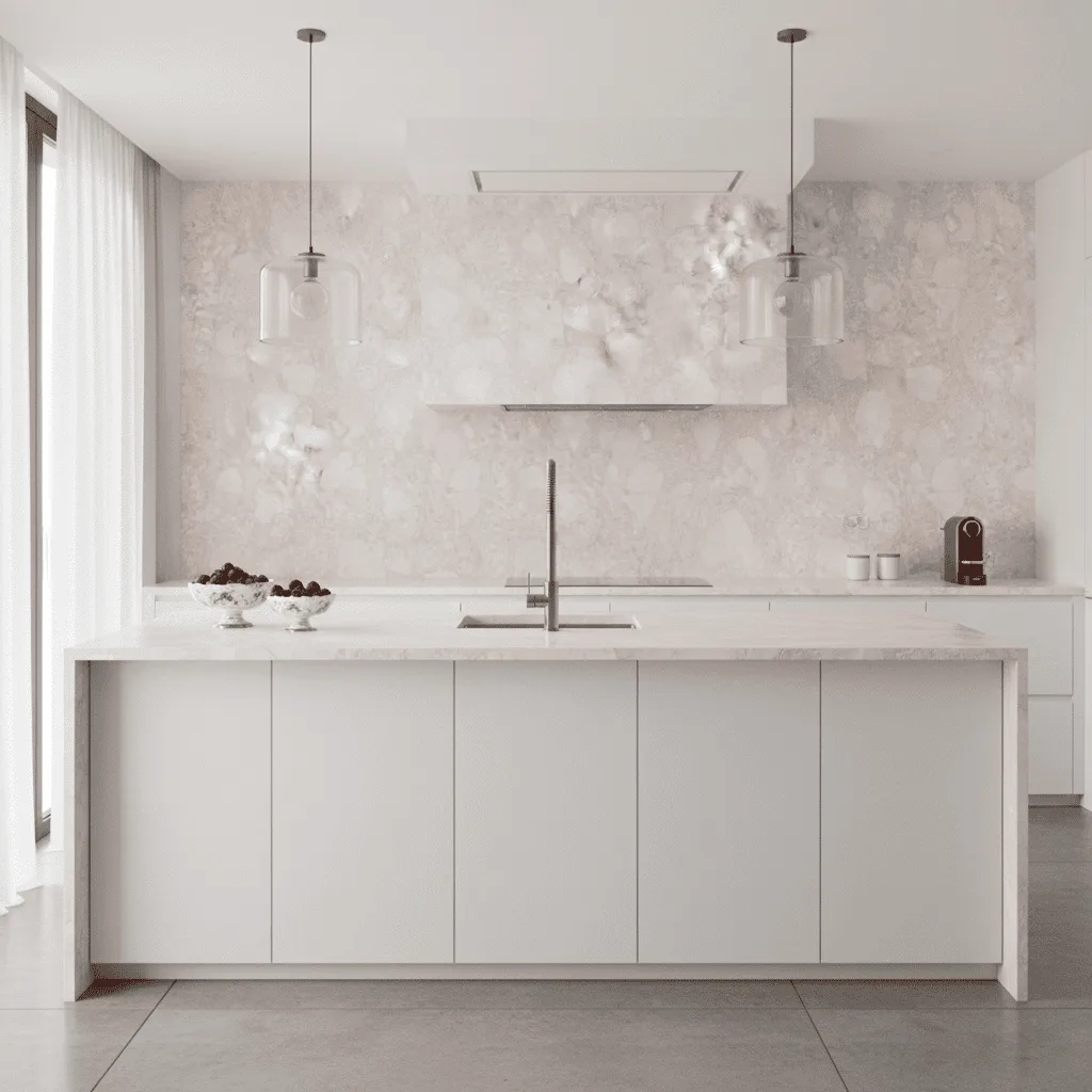 Modern minimalist white kitchen with a large marble island and matching marble backsplash.