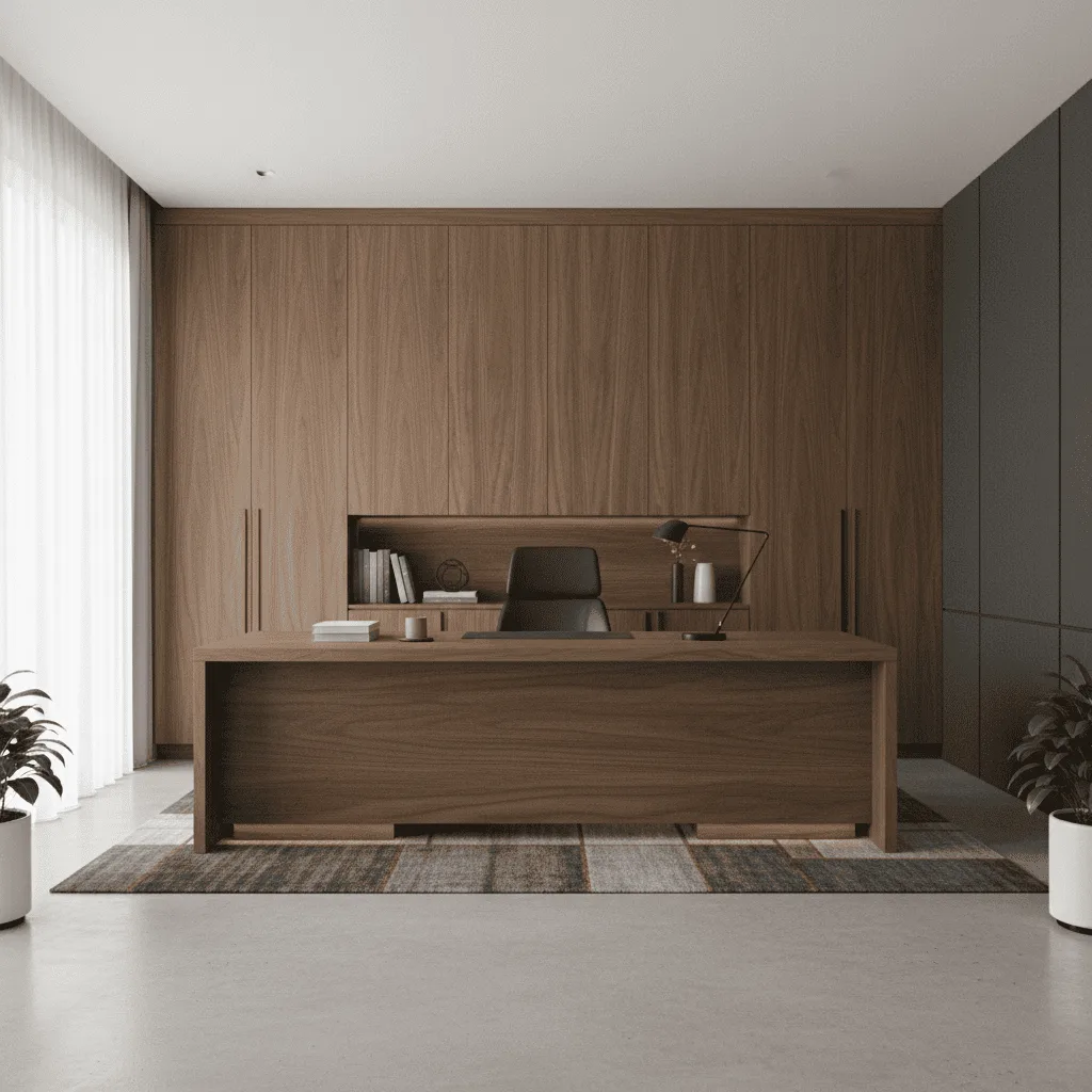 Modern wooden office desk and chair facing a large wood-paneled wall with a built-in alcove for books and a lamp.