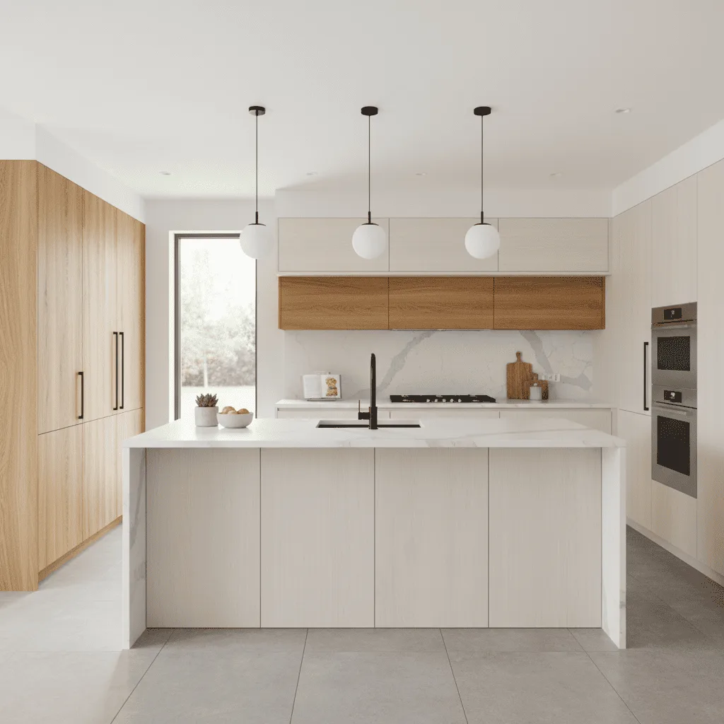Modern kitchen with white marble island, light wood cabinetry, and three spherical pendant lights.