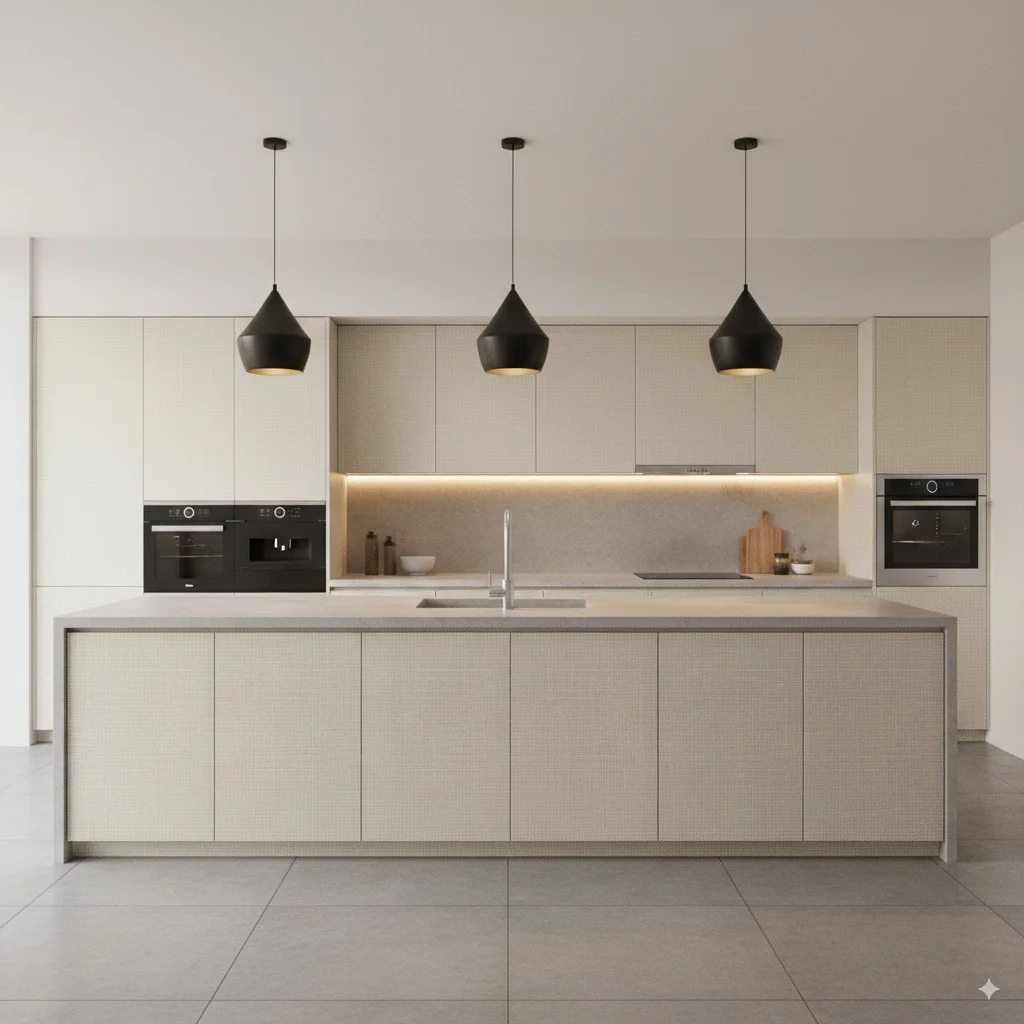 Modern minimalist kitchen with beige textured cabinetry, a grey island, and three black pendant lights.