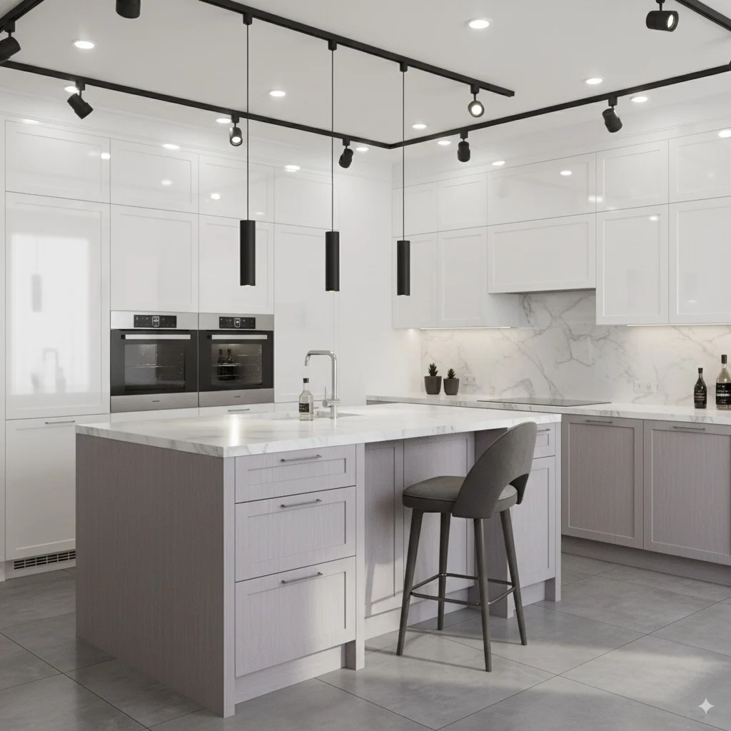 Modern kitchen with white upper cabinets, grey island with a bar stool, and black track lighting.