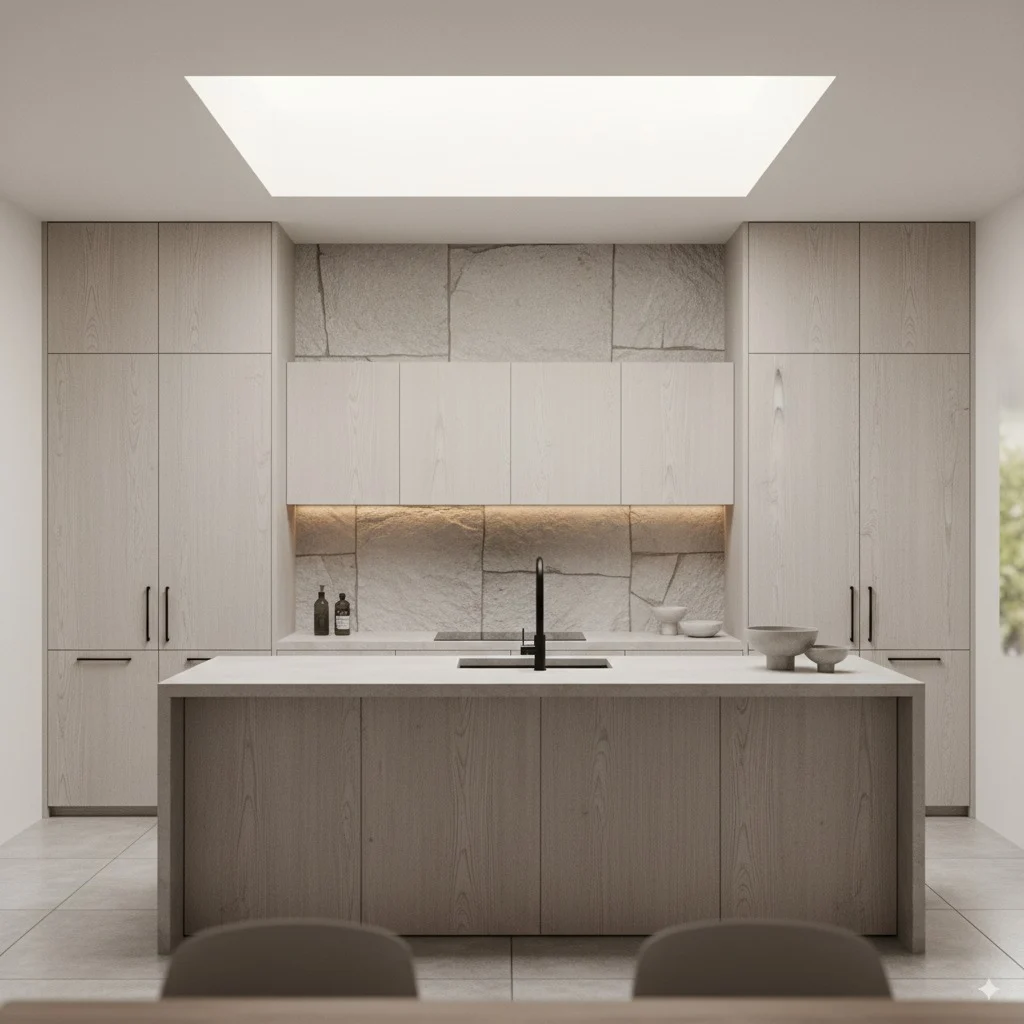 Modern minimalist kitchen with light wood cabinetry, a stone backsplash, and a central island with a black faucet.