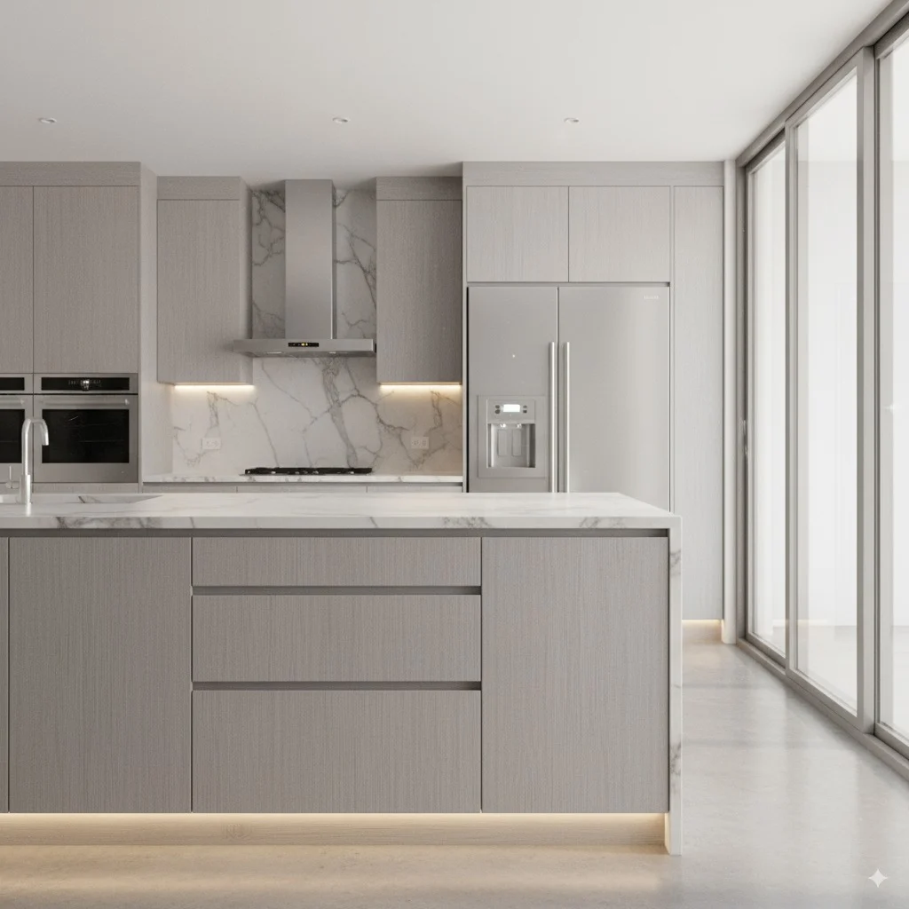 Modern minimalist kitchen with grey cabinetry, white marble countertops, and integrated stainless steel appliances.