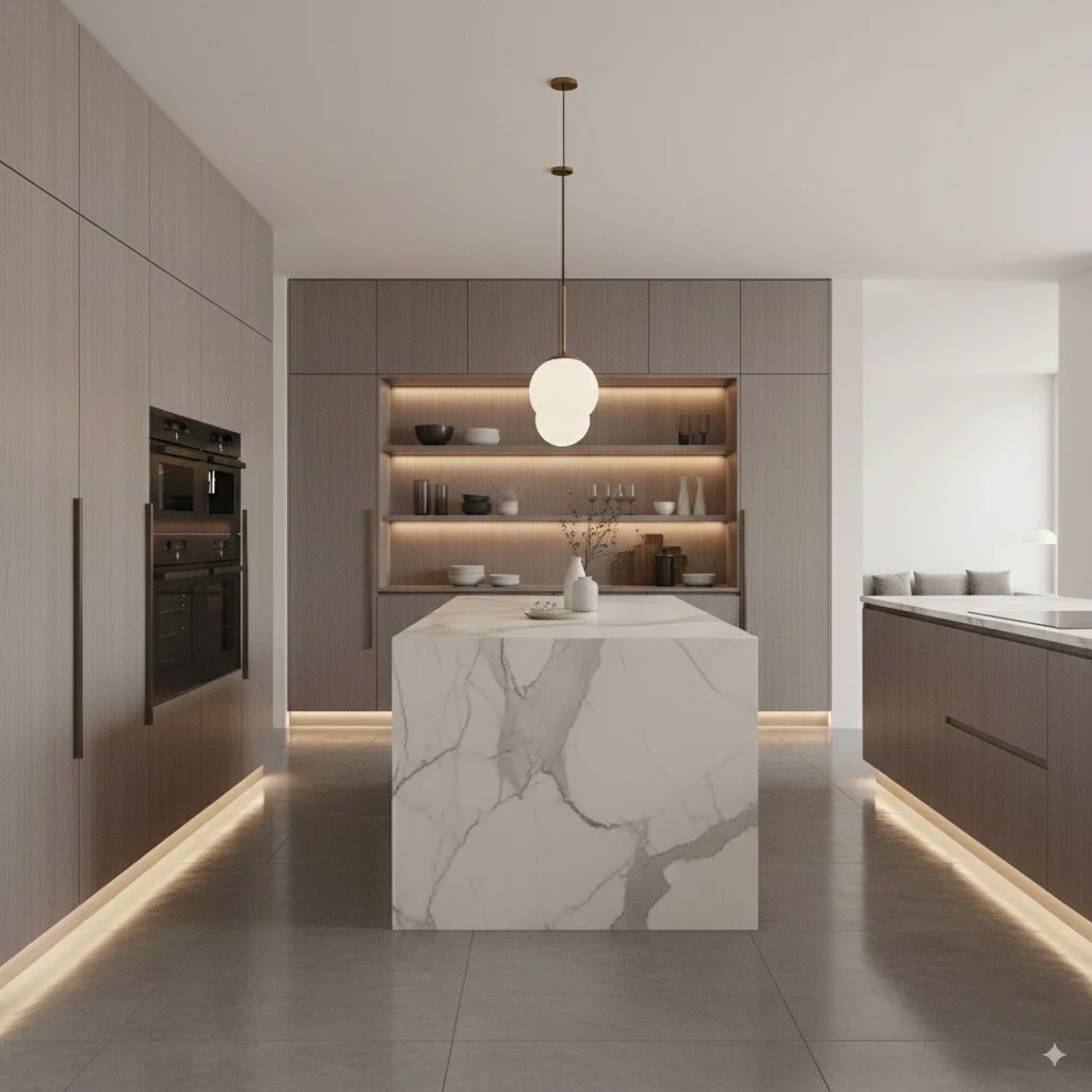 Modern kitchen with a white marble island, gray wood cabinetry, and built-in under-cabinet lighting.