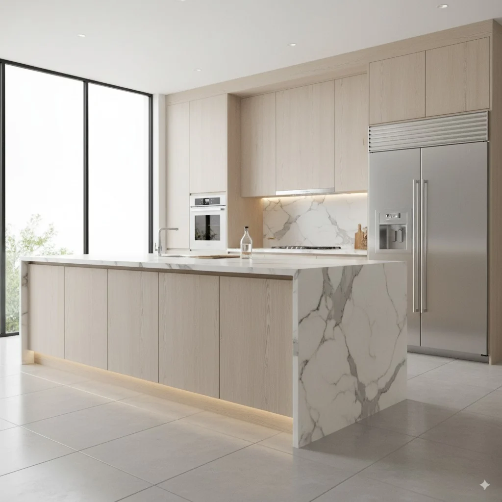 Modern kitchen with light wood cabinetry, white marble waterfall island, and stainless steel refrigerator.