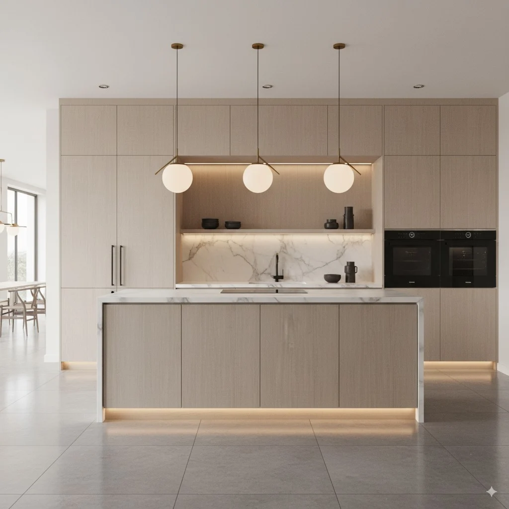 Modern kitchen with light wood cabinets, a white marble island, and three globe pendant lights.