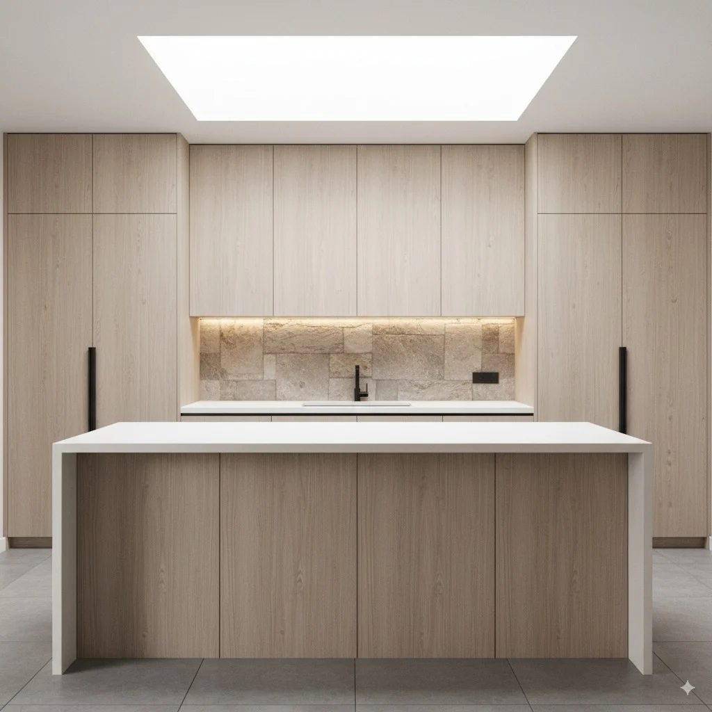 Modern kitchen with light wood cabinetry, white countertops, and a stone backsplash illuminated by under-cabinet lighting.