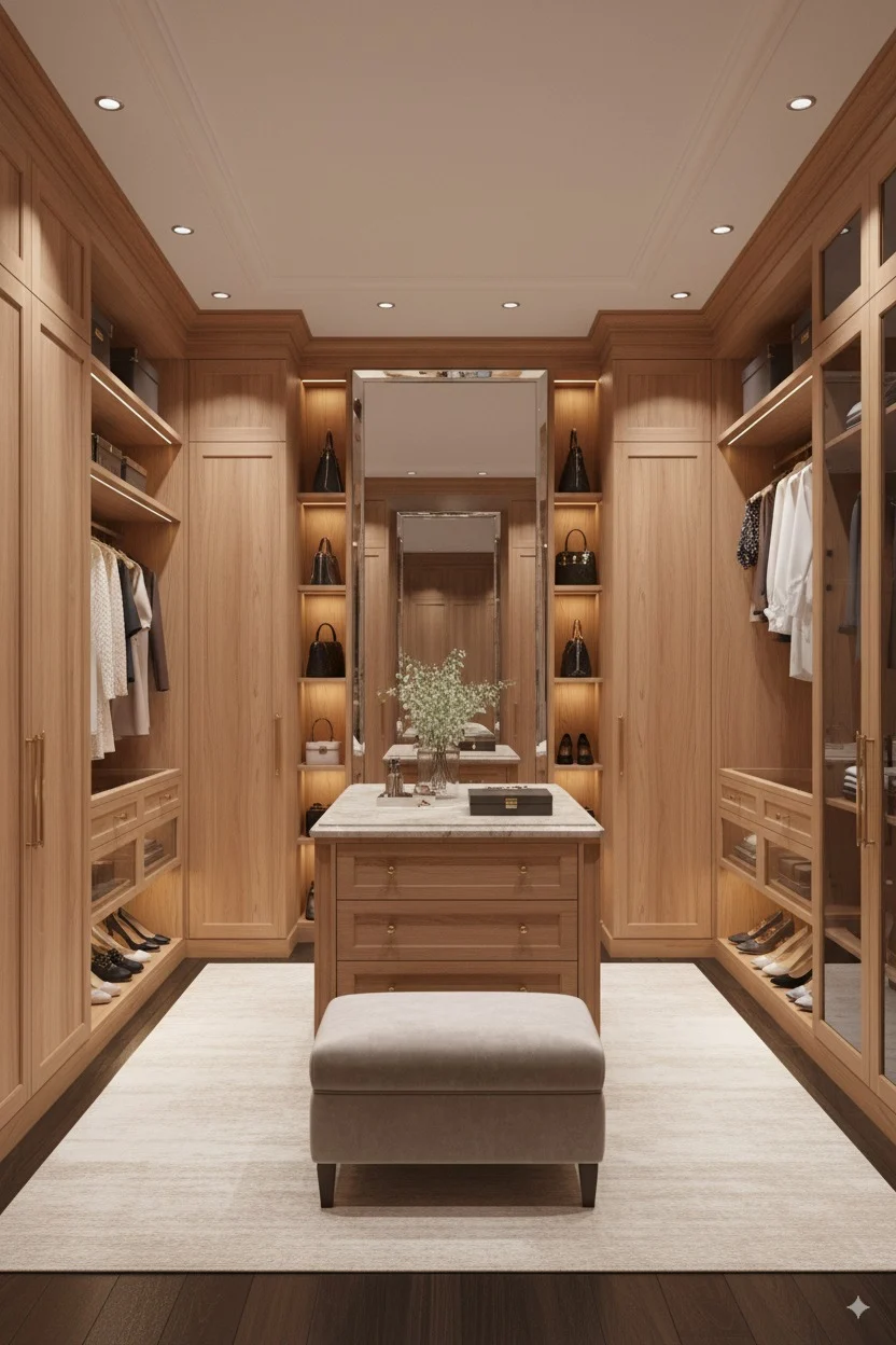 Luxurious light wood walk-in closet with a center island, ottoman, and built-in shelving for bags and shoes.