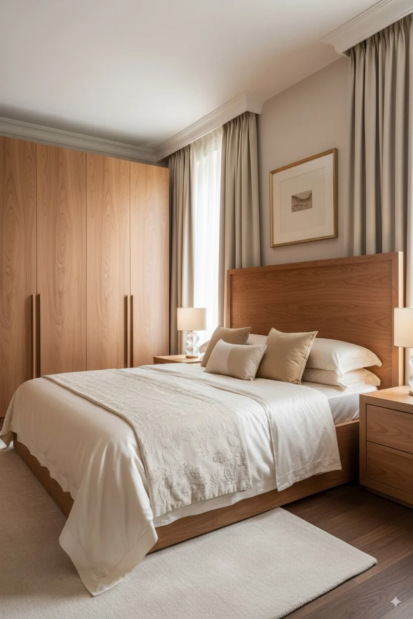 Modern bedroom with a wooden bed frame, white linens, and a built-in wood wardrobe.