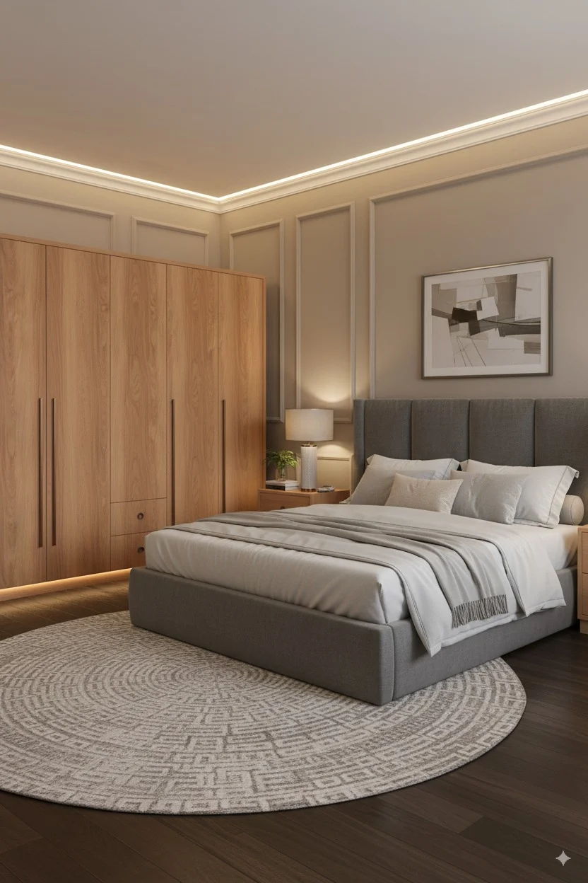 Modern bedroom with a grey upholstered bed, wood wardrobes, and a circular patterned rug on dark floors.
