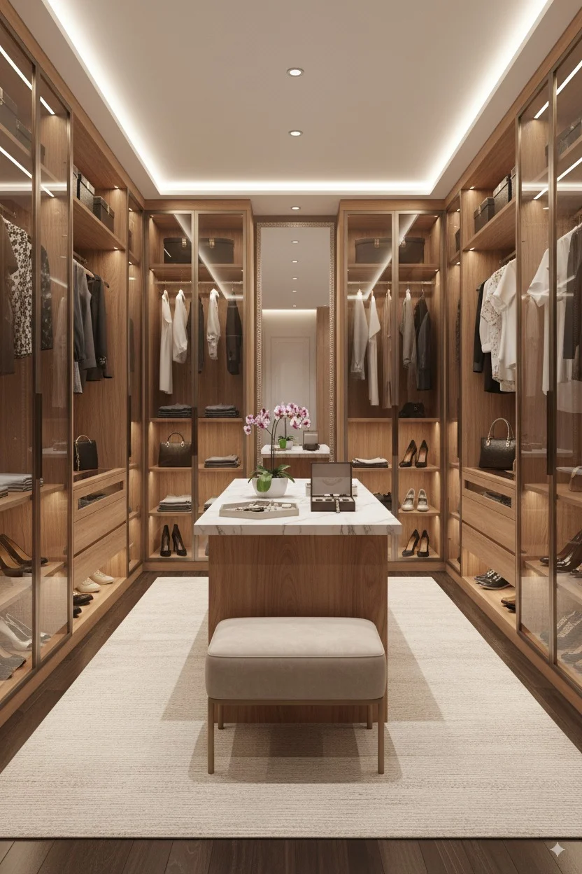 Modern luxury walk-in closet with wood cabinets, glass doors, a marble center island, and soft recessed lighting.