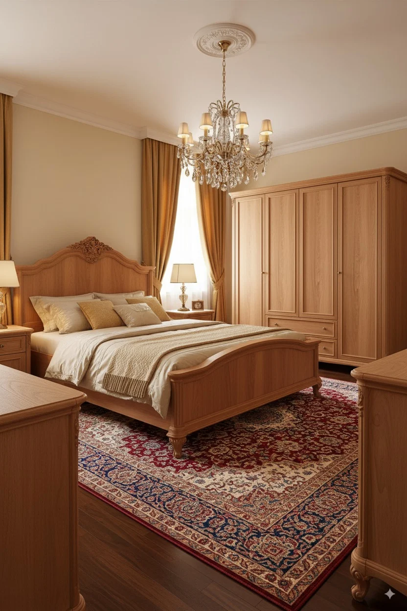 Classical wooden bedroom set featuring a bed with cream linens, a large wardrobe, and a patterned red rug.