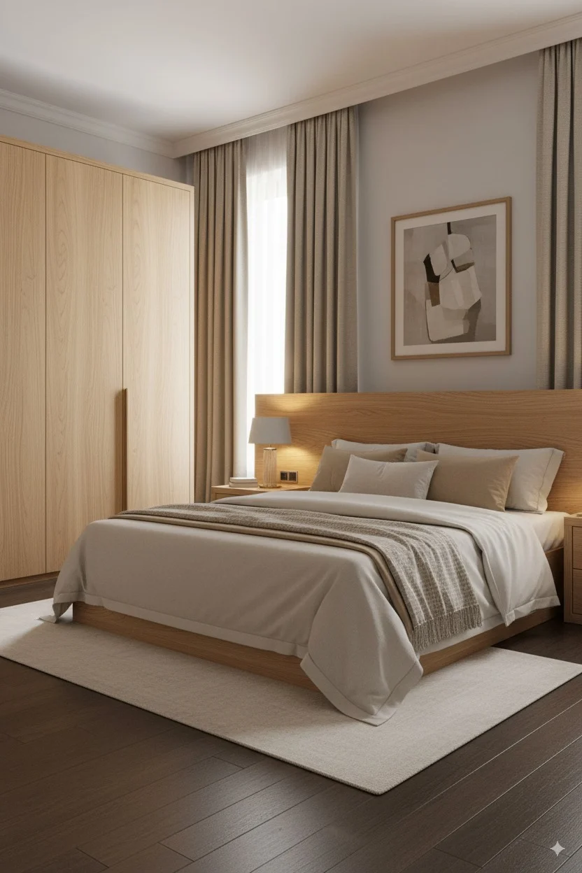 Modern bedroom with a light wood bed, beige linens, and a large wooden wardrobe.