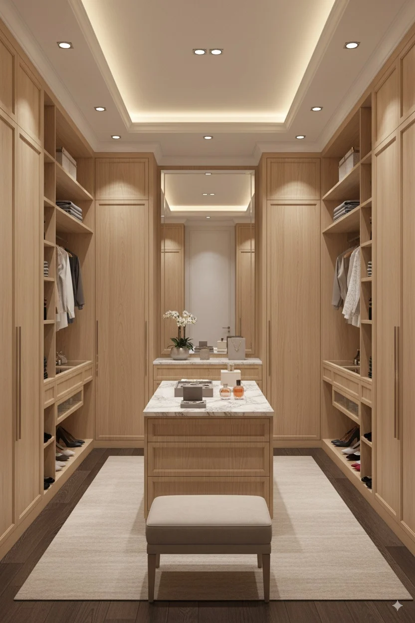 Modern walk-in closet with light wood cabinetry, a marble center island, and a beige ottoman.