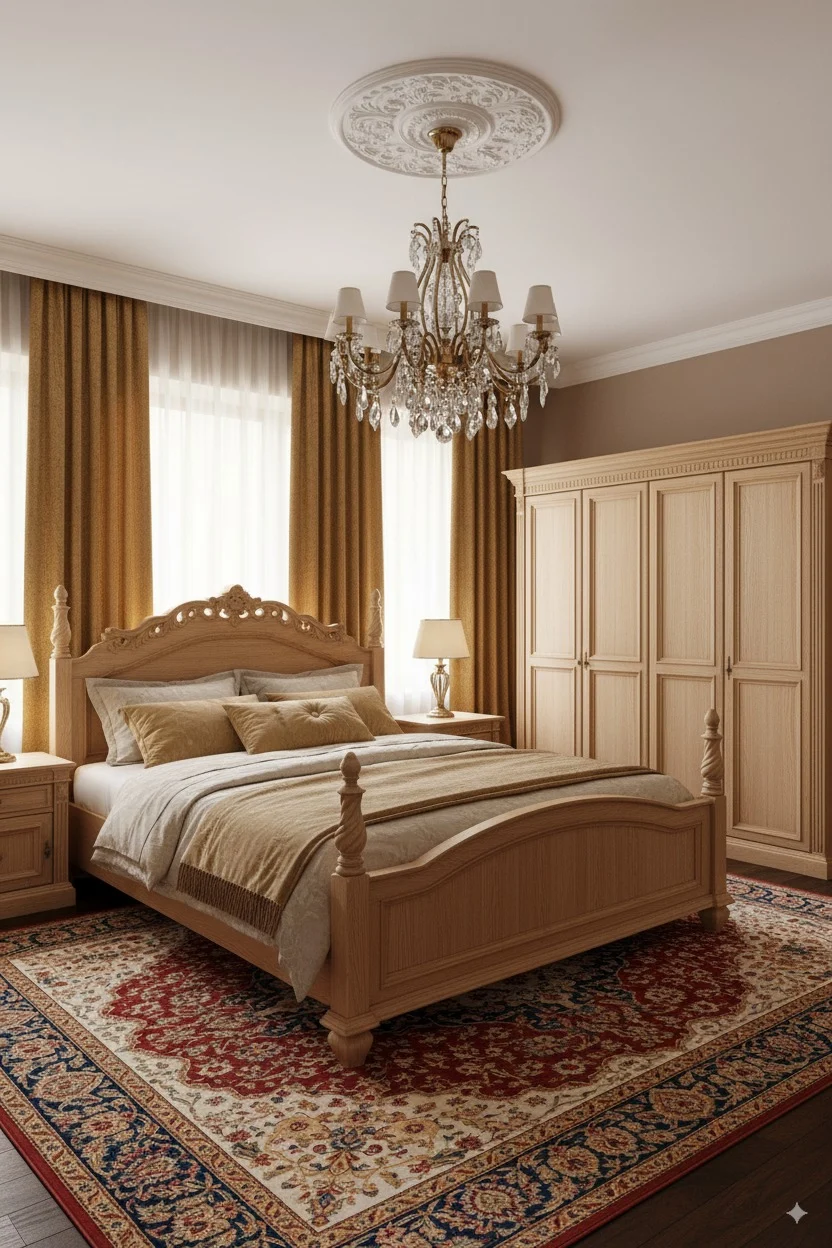 Classic wooden bedroom set with a crystal chandelier and patterned area rug.